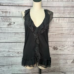 Eyelash Couture Y2K Gray Babydoll Tank Top Lace Ruffle Large V‎ Neck
